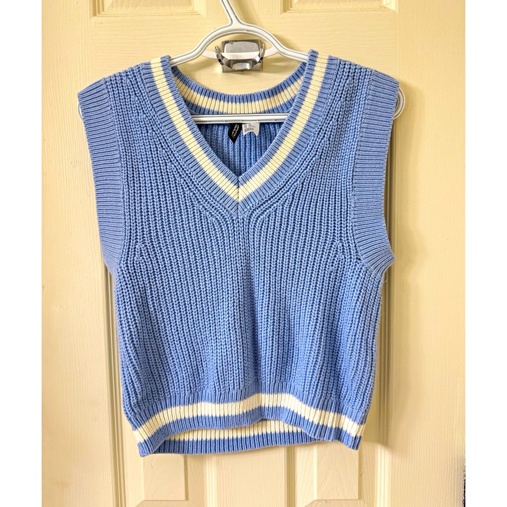 H&M Women's Blue White Striped Rib-Knit V-Neck Sleeveless Sweater Vest XS